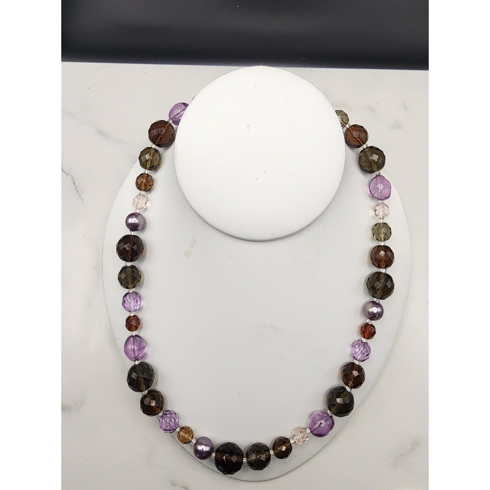 Joan Rivers Beaded Necklace Smoky Purple Amber Faceted Glass Faux Pearl 18 Inch